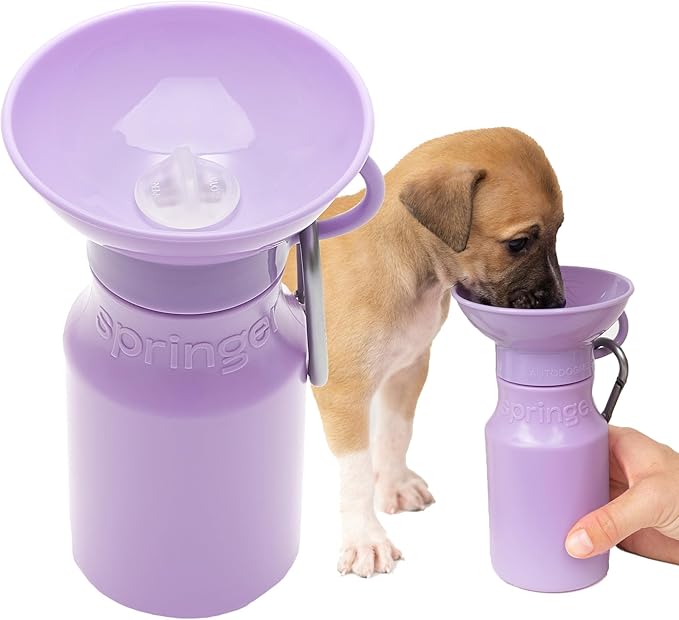 Springer Dog Water Bottle | Portable Travel Drinking Feeder Dispenser for Dogs & Puppies | As Seen on Shark Tank | Leak-Proof Bowl | BPA-Free | Outdoor Walking, Hiking & Travel | 15oz Lilac