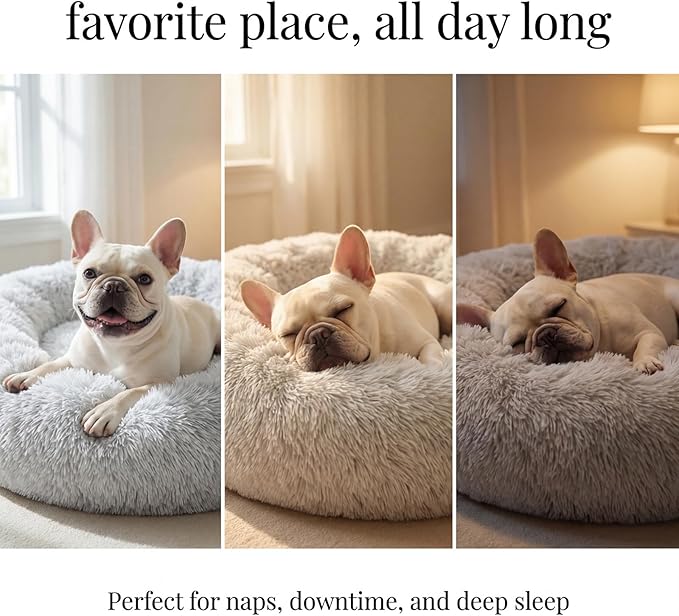 Calming Dog Bed for Medium Dogs Washable Donut 30 inches Anti-Slip Pet Bed,Round Fluffy Plush Faux Fur Cat Bed,Fits up to 45 lbs Pets,Grey
