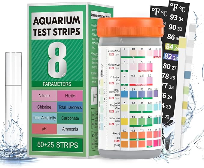 Pawfly 8 in 1 Aquarium Test Strips, 75 Strips Fish Tank Water Testing kit for pH Chlorine Nitrate Nitrite Carbonate Hardness Total Alkalinity & Ammonia Water Quality Freshwater Saltwater Test Kit
