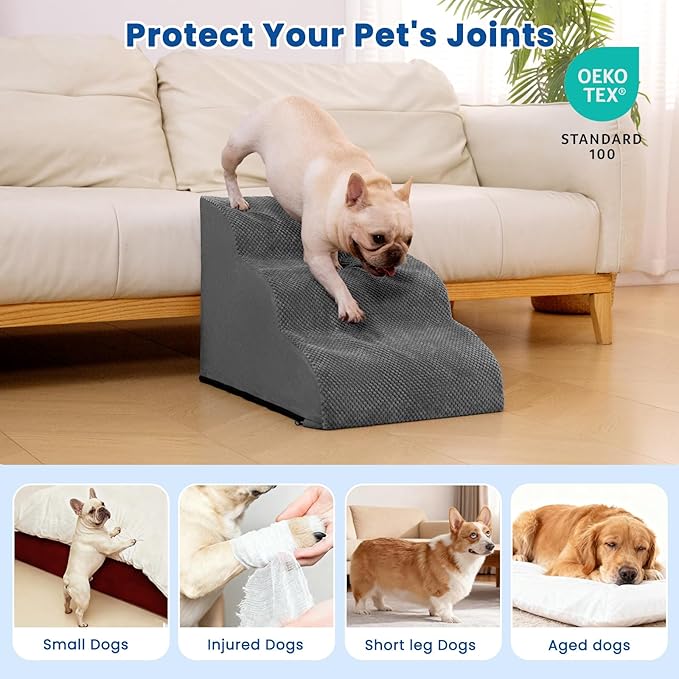 Airpanda Dog Stairs for Small Dogs and Cats – 3 Step Pet Ramp for Couch & Sofa, Non-Slip Dog Steps for Pets, Washable Cover, High-Density Support Foam for Easy Climbing,Grey