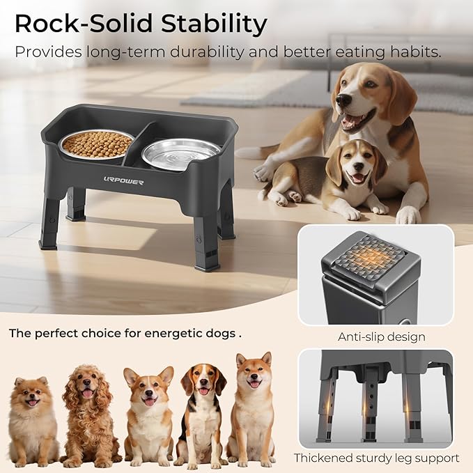 URPOWER Mess Proof Elevated Dog Bowls 4 Height Adjustable Raised Bowl Stand with 2 Stainless Steel Dog Bowls Non-Slip Food and Water Bowl Set for Small and Medium Dogs,Grey