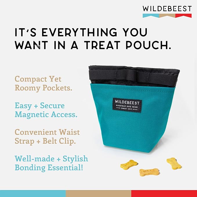 Wildebeest Dog Treat Bag with 2 Water-resistant Compartments, Magnetic Closure, Detachable Waist Strap & Belt Clip