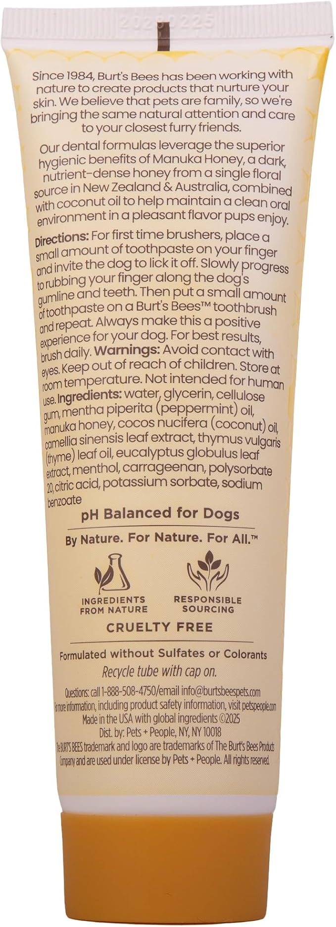 Burt's Bees for Pets Fresh Mint Dog Toothpaste with Manuka Honey and Coconut Oil for Gum Health & Tartar Control, 99.1% Natural Origin Formula, Fluoride-Free, Fresh Mint Flavor, 2.5 Oz