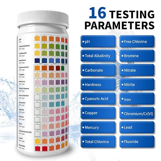 16-in-1 Universal Test Strips - 100pcs Reliable pH Testing Strips Kit for Liquid Testing, Quick Get Highly Accurate Results in Seconds, Drinking Water, Aquarium, Pool, Hot Tub, Spa