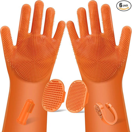 Augwind 6PCS Pet Grooming Kit for Dogs, Cats and Horses | Dog Washing Gloves | Cleanroom Gloves | Dog Bath Brush | Dog Bath Gloves | Dog Shampoo Brush | Dog Bath Supplies (Orange)