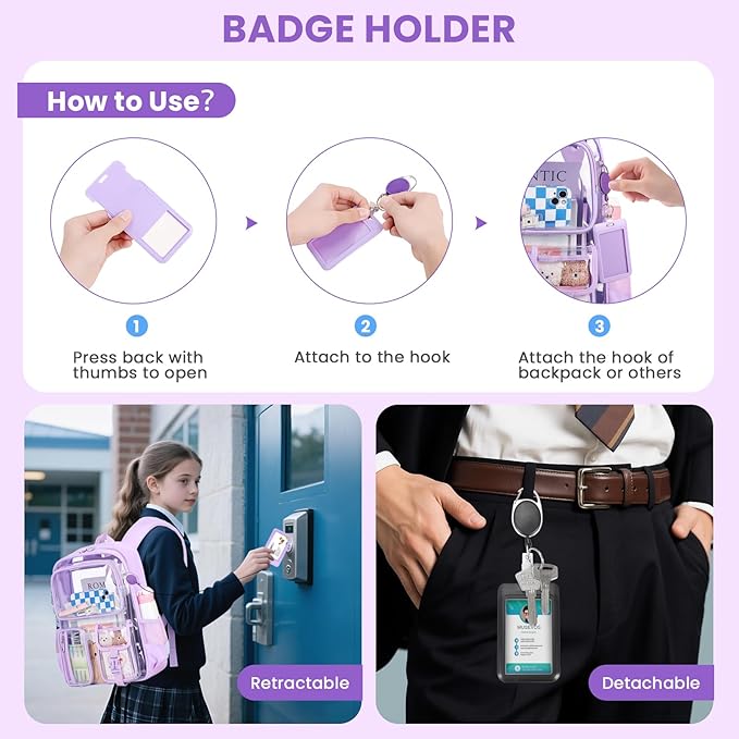MUSEVOS Clear Backpack for School, Heavy Duty Clear Bookbag for Girls Boys Transparent Backpack with Badge Holder, Purple