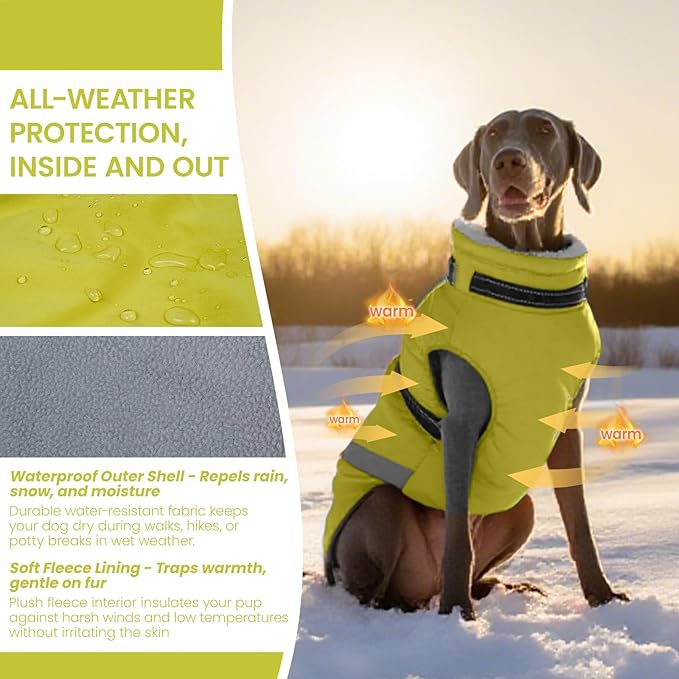 QBLEEV Large Dog Coat, Dog Winter Jacket for Large Dogs, XX-Large Waterproof Cold Weather Vest with Built-in Harness, Zipper & Reflective, Windproof Thick Warm Fleece Snowsuit Clothes, Green, XXL
