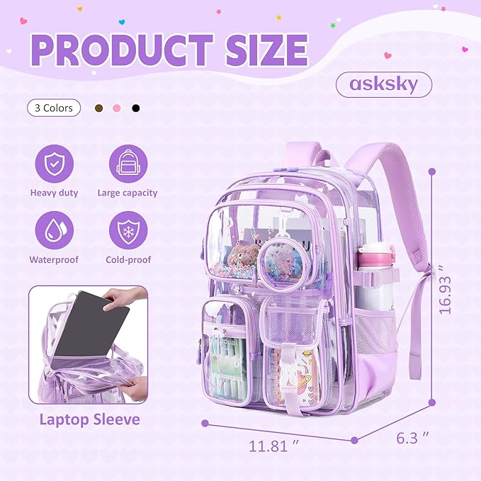 Clear Backpacks for Stadium Events Heavy Duty Clear Bookbag for School Girls Transparent Back Pack, Purple
