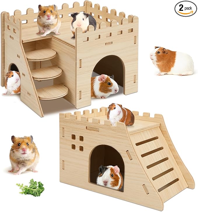 PETKNOWS 2 Pack Hamster Houses and Hideouts, Easy to Assemble Wooden Hamster Castle Small Animal House Bed with Stairs