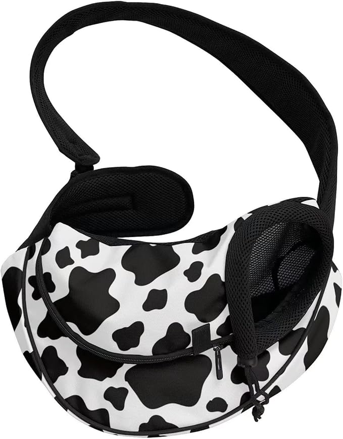 FUSURIRE Cute Cow Print Small Dog Sling Carrier for Small Pets, Cats and Puppies, Breathable Mesh Cute Front Pack Hands-Free Carrier Bag with Adjustable Shoulder Strap for Outdoor Travel