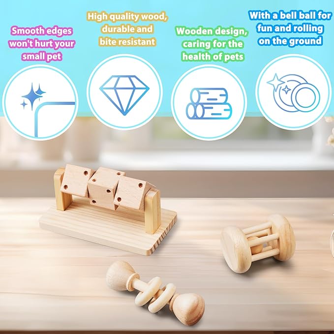 AOWPFVV 3 Pcs Wooden Hamster Enrichment Toys, Guinea Pig Chew Toys for Syrian & Dwarf Hamsters,Rabbits, Gerbils, Rats, Chinchillas, Small Animals Playing Teeth Grinding Indoor Outdoor