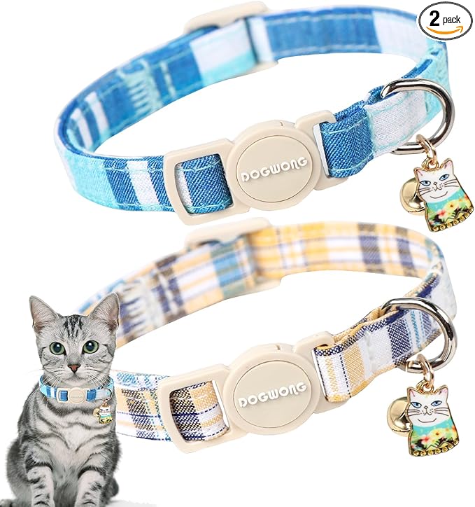 DOGWONG Cat Collar, 2 Blue Plaid Pack, Breakaway with Bell, Safety Buckle, Adjustable 7-12 Inch, Perfect Fit for Cats & Small Dogs