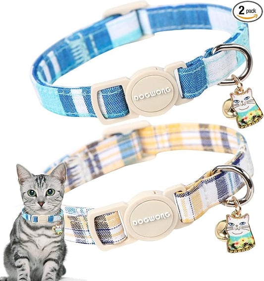 DOGWONG Cat Collar, 2 Blue Plaid Pack, Breakaway with Bell, Safety Buckle, Adjustable 7-12 Inch, Perfect Fit for Cats & Small Dogs