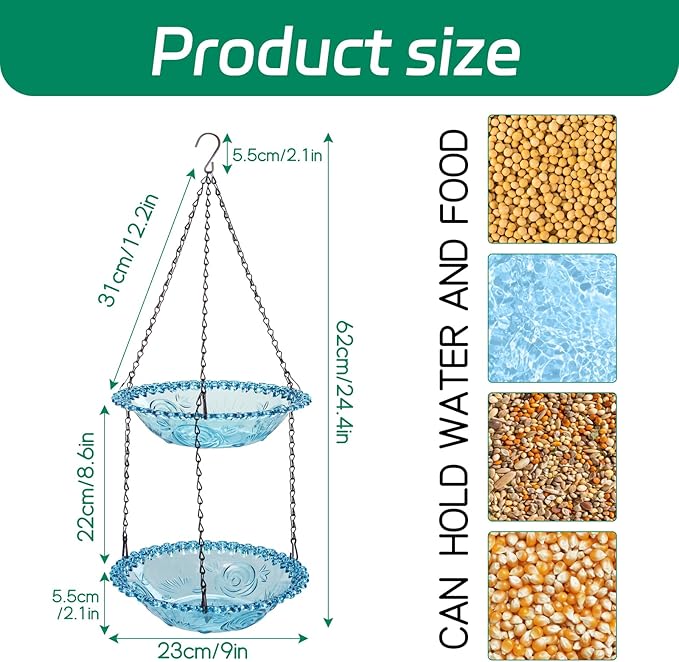 Bird Bath Hanging Seed Feeder Garden Plate Hanging Tray for Wild Backyard Attracting Birds (Blue-Doulbe Bath)