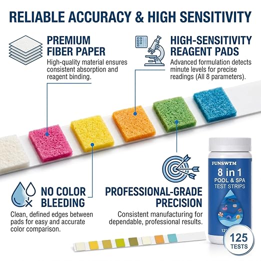 8 in 1 Salt Water Pool Testing Kit, 125PCS Pool Salt Test Strips | Salt pool test strips detect salt salt, pH, chlorine, bromine, alkalinity, hardness, CYA in pool hot tub spa saltwater pool