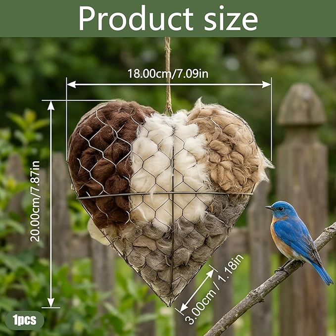 Handmade Alpaca Fiber Bird Nesting Heart, Bird Nesting Material Holder for Hummingbirds and Wild Birds, Garden Art Birdhouse, Decorative Outdoor Installation for Bird Enthusiasts and Nature Lovers