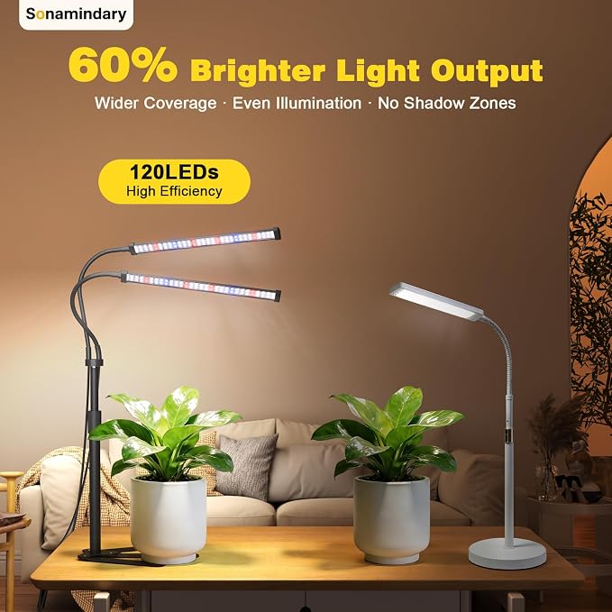 LED Grow Lights for Indoor Plants, Tripod Stand, Dual Head | 120 LEDs, Upgraded 9V System, 9.8-35 in Adjustable Tripod, 5700K Full Spectrum, CRI 90+, 4/8/12H Timer, 5 Brightness Levels