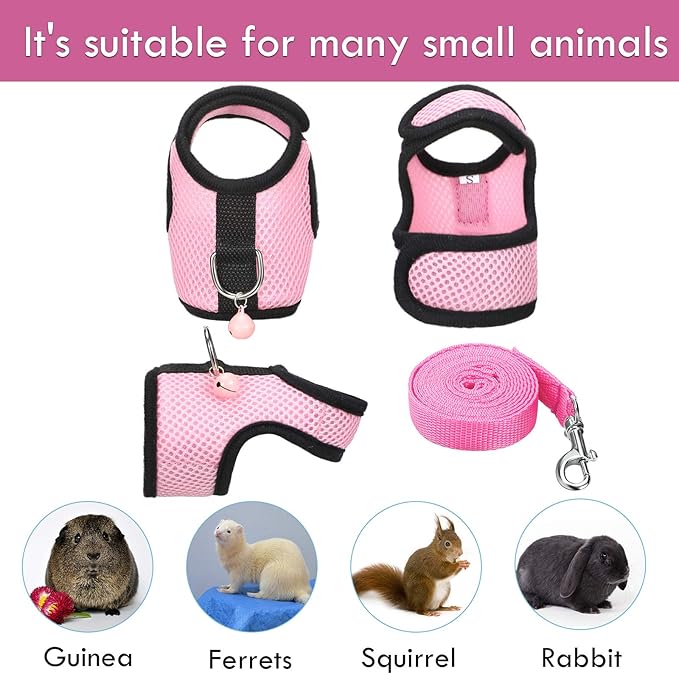 SATINIOR 2 Sets Guinea Pig Harness and Leash Adjustable Soft Mesh Harness Bell No Pulling Comfort Vest for Baby Ferret Rats Hamster Bunny Rabbit Chinchilla and Small Pet (Pink, Blue, S)