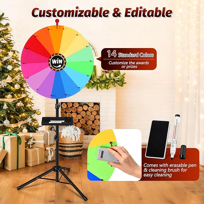 GADFISH 24-inch Spinning Prize Wheel, Ajustable 37"-65" Height Spin Doodle Game Spinner, Storable Prize Wheel Spinner with Stand, Wheel of Fortune Game, 14 Colors