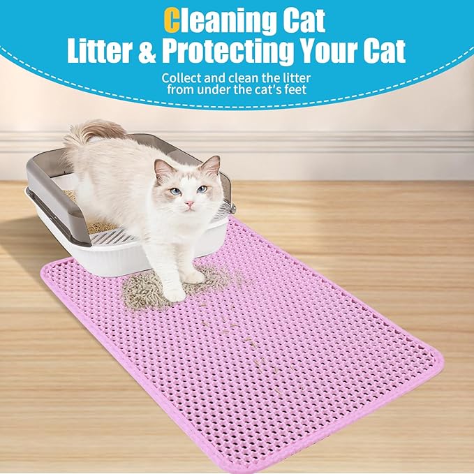 Cat Litter Mat, Kitty Litter Collector, Double Layered Honeycomb Design Waterproof, Anti Urine, Anti Slip, Easy to Clean, Limit Garbage (35"x24", Pink)
