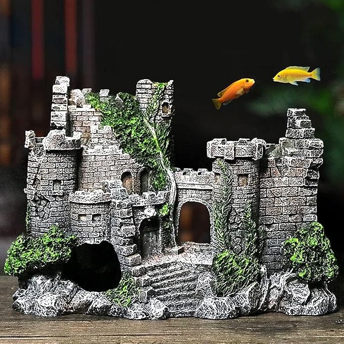 Ancient Castle Design Resin Aquarium Decoration Hideouts Stone Cave Hide House, Simulation Resin Hide House Fish Tank Aquarium Ornaments Decor