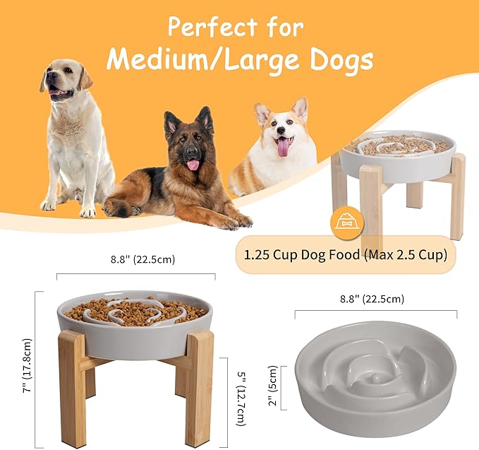 Elevated Slow Feeder Dog Bowl Large Breed, 8.8 Inch Ceramic Slow Eating Bowl with Bamboo Stand, Anti-Choking Raised Maze Design for Medium to Large Dogs, 3.2 Cup, Grey