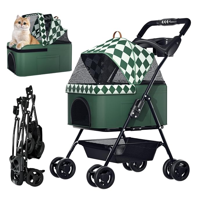 Foldable pet Stroller for Cats with Detachable Weather Cover, 4 Wheels Pet Strolling Cart for Dogs and Cats with Storage Basket and Cup Holder（Green）
