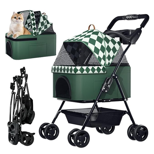 Foldable pet Stroller for Cats with Detachable Weather Cover, 4 Wheels Pet Strolling Cart for Dogs and Cats with Storage Basket and Cup Holder（Green）