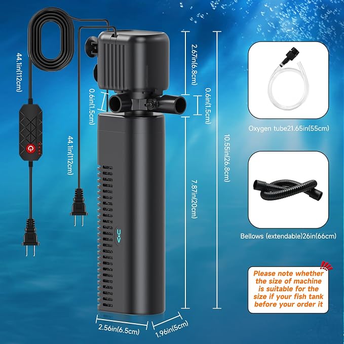 25W UV Aquarium Filter, 200 GPH Pump with Timer for 20-75 Gal Tanks | Five-function submersible system with dual-stage filtration, adjustable flow, low-water setup, and UV status light