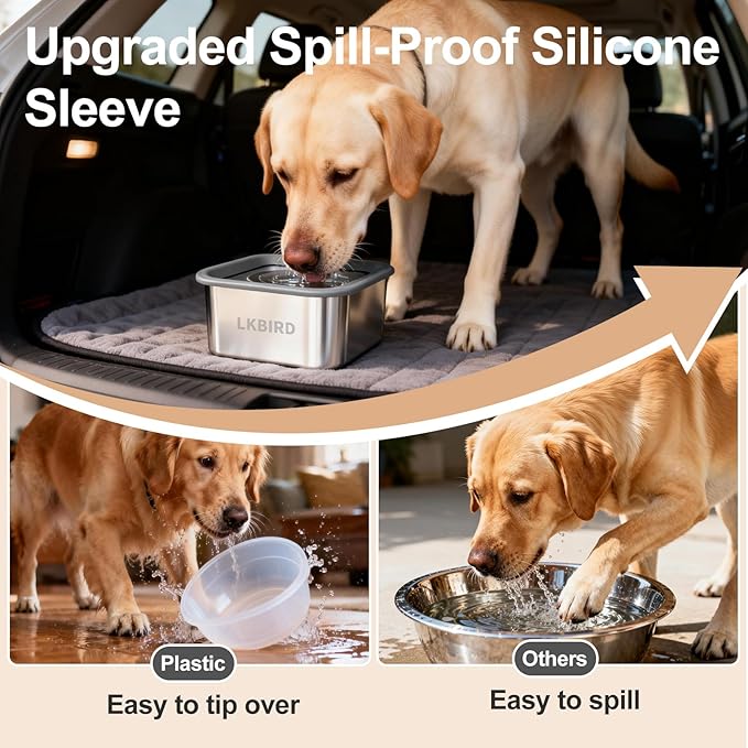 Dog Water Bowl No Spill, 101oz Stainless Steel Spill-Proof Bowl with Anti-Splash Floating Disk & Anti-Digging Lid, Slow Drinking Design with Non-Slip Base for Messy Drinkers