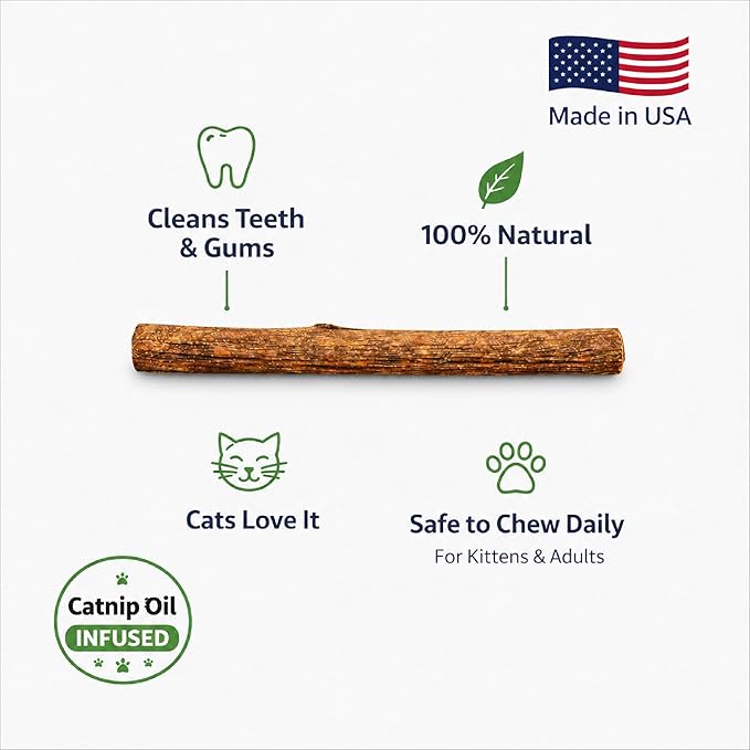 Silvervine Sticks for Cats with Catnip Oil (8 Pack) - Matatabi Cat Chew Stick Dental Toy for Teeth Cleaning - Natural Kitten Teething Chew Toys for Indoor Cats - Made in USA