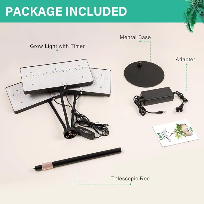 LBW Desk Grow Lights for Indoor Plants, 642 LEDs Full Spectrum Grow Light | 3-Head Tabletop Plant Light, 3/6/12H Auto Timer, 6 Brightness Levels, 3 Lighting Modes, 10-26" Height Adjustable