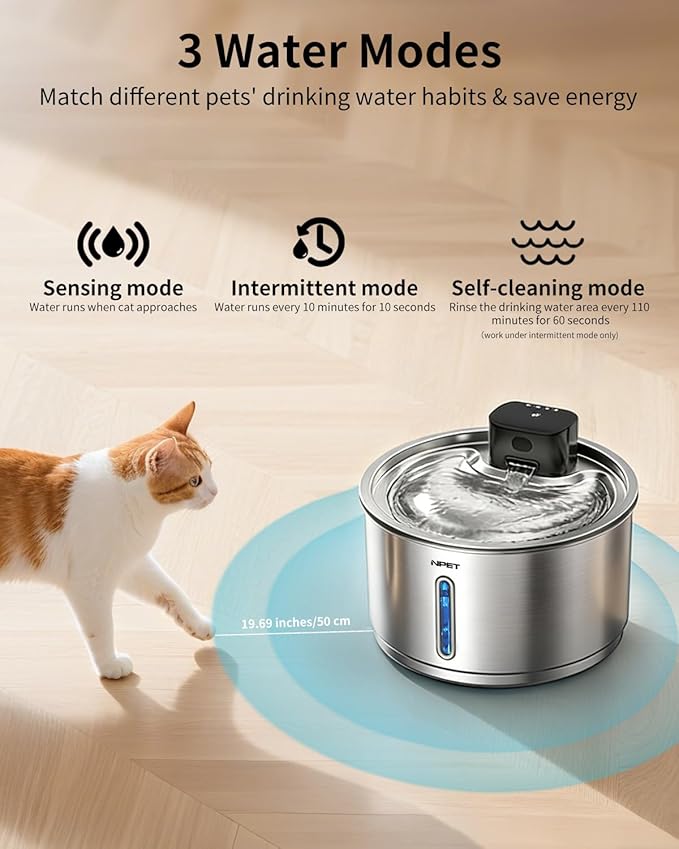 NPET Wireless Cat Water Fountain Stainless Steel, 1 Gallon/135oz Battery Operated Automatic Pet Drinking Fountain - Cordless Dog Water Dispenser with Water Level Window for Cats Indoor