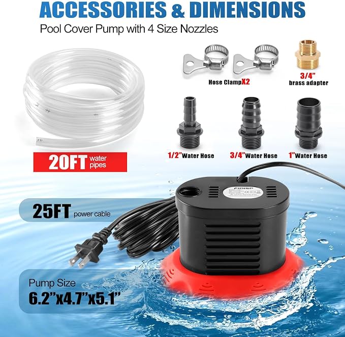 FIDISP Pool Cover Pump, 850 GPH Pool Water Pump with 20 FT Drain Hose | 4 Adapters, 25 FT Power Cord, Water Pump for Pool Draining for Drainage of Pool Covers, Ponds (Red)