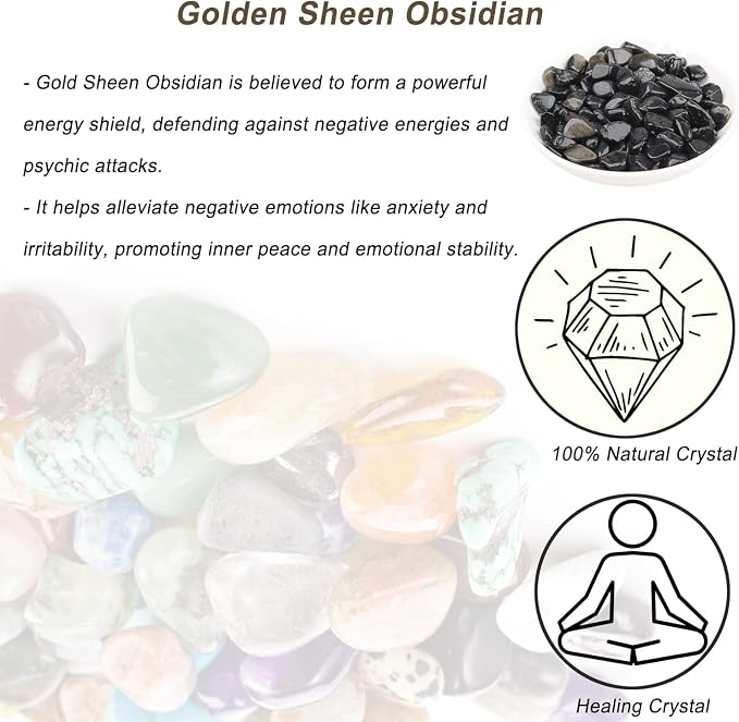 Erliway 100g Natural Gold Sheen Obsidian Crystal Chips 7-9mm Tumbled Stones | Small Crushed Crystal Stone, Polished Crystals Chips for Fish Tank, Healing Tumbled Rocks for Reiki Jewelry Making Home Décor