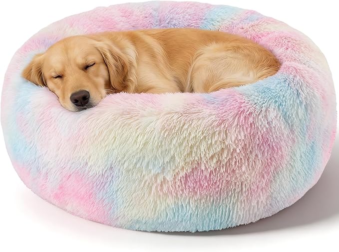 Dog Calming Beds for Small Medium Large Dogs - Round Donut Washable Puppy Dog Bed, Anti-Slip Faux Fur Fluffy Donut Cuddle Anxiety Cat Pet Bed(36'' Color)