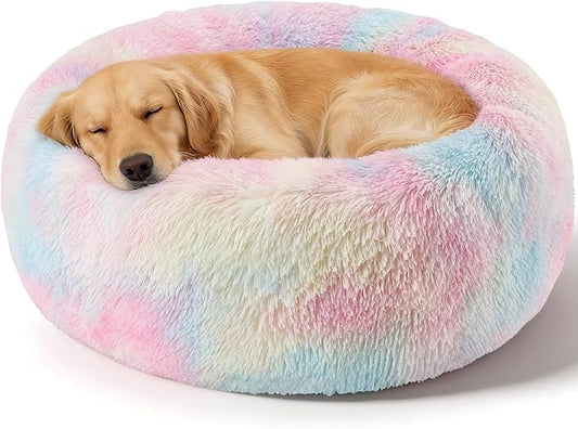 Dog Calming Beds for Small Medium Large Dogs - Round Donut Washable Puppy Dog Bed, Anti-Slip Faux Fur Fluffy Donut Cuddle Anxiety Cat Pet Bed(36'' Color)