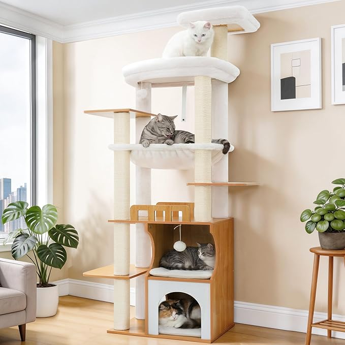 Gitelsnour Cat Tree, 70.9 Inch Wood Cat Tower for Large Cats Adult, Modern Cat Furniture with Double-Layer Wooden Cat Condo, 2 Platforms, Large Hammock and Scratching Posts, Walnut GCT102WB