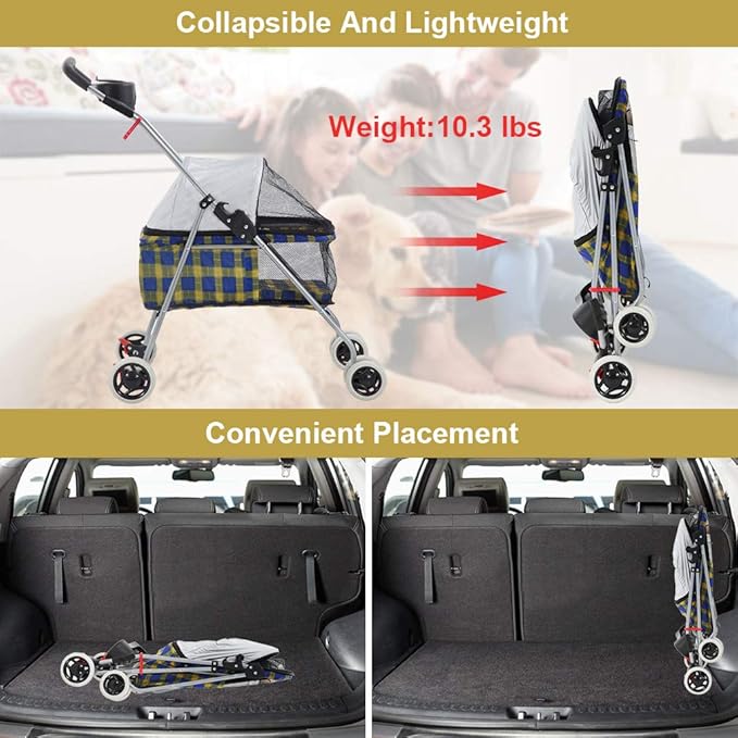BestPet Pet Stroller 4 Wheels Posh Folding Waterproof Portable Travel Cat Dog Stroller with Cup Holder (Yellow Plaid)