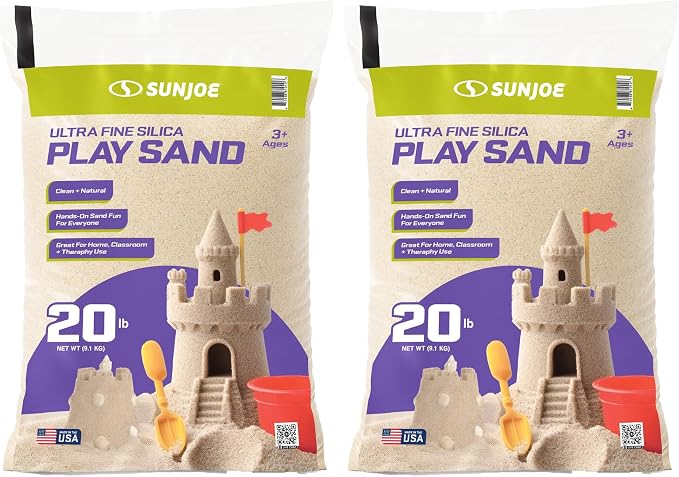 Sun Joe 2 Pack Silica Play Sand for Sandbox, Sensory Table & Garden Spaces, Ultra Fine, 20 Lbs - Natural Craft Accessory for Molding, Digging & Sculpting - Ideal for Indoor and Outdoor Use