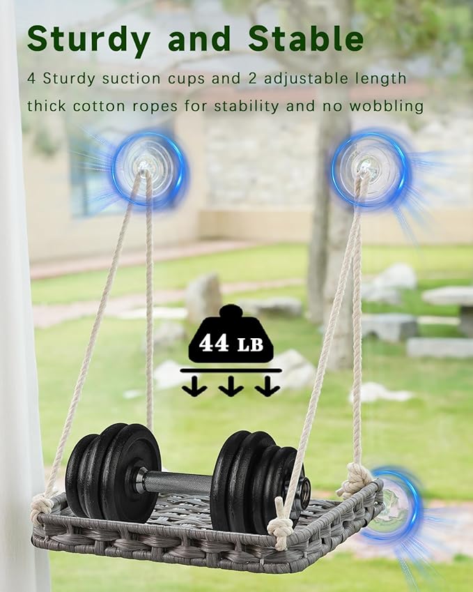 SETVSON Cat Window Perch, Cat Window Hammock Bed for Indoor Cats, Large Handwoven PE Rattan Window Seat, 4 Suction Cups, Double Sided Washable Cushion Bed, 2.3 Inch Fence Shelf, for Pet Kittens Gray