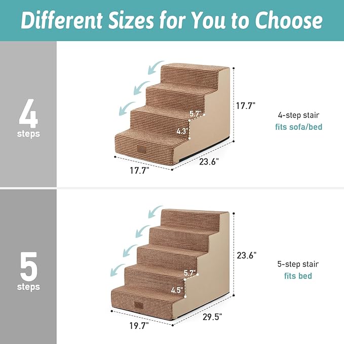 COZY KISS Dog Stairs for Small Dogs 5-Step, 19.7" Extra Wide Right-Angle Pet Stairs for Couch and Beds, Anti-Slip Dog Steps for Old Cats and Lowrider, 19.7x29.5x23.6 inch, Light Brown