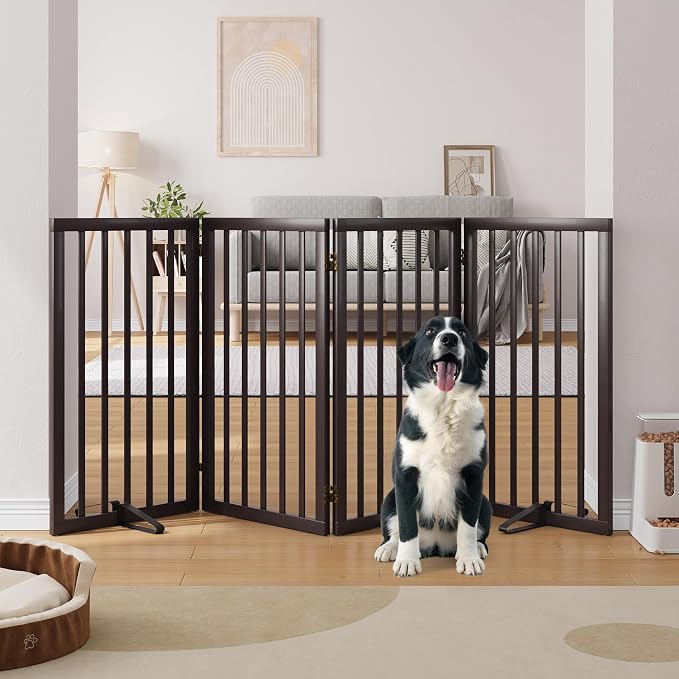 Freestanding Dog Gate Indoor 32“Tall, Foldable Dog Gates for Doorways, 4-Panel Pet Gates for Dogs with with 2 Metal Stands (74" W, Espresso)