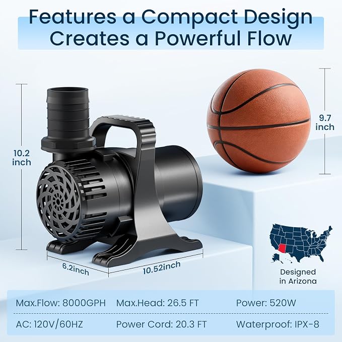 520W 8000 GPH Pond Pump, Commercial Grade High Flow Submersible Water Pump for Large Ponds, Pools & Waterfalls, Continuous Duty, Submersible & Inline Installation, Includes Filter Bag