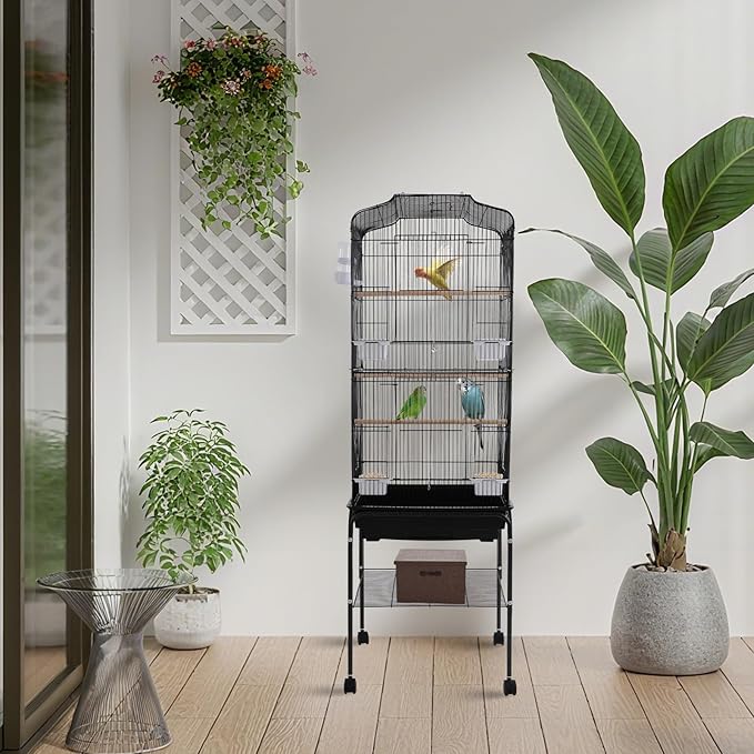 54in Metal Bird Cage Large Parakeet Cages for Parrot, Cockatiel, Lovebird, Pigeon Pagoda Bird House with Rolling Stand,Feeding Bowls & Waterer (Black-54in)