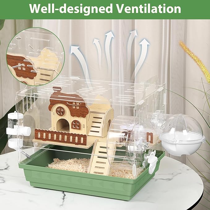 Acrylic Hamster Cage 2-Tier Dwarf Hamster Cage Small Hamster Habitats with Accessories Kit, Clear Hamster Enclosure for Gerbils Syrian Hamster, Green Pet Mice House, 13.3" L x 10.2" W x 12.4" H