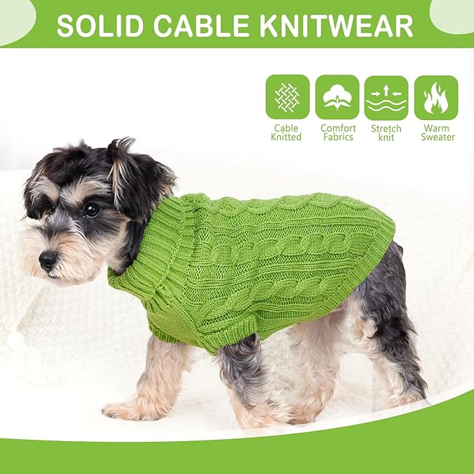 Knitted Turtleneck Dog Sweater - Small Dog Clothes with Heart Shape Twist Pattern - Cozy Pullover Knitwear for Female/Male Puppies (Green, Large)