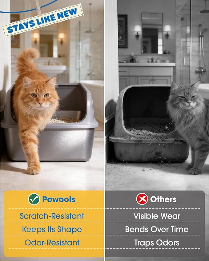 Powools Stainless Steel Cat Litter Box, Metal Litter Box with Scoop, High- Sided, Anti-Leakage Top Entry, Non-Sticky, Easy to Clean, Grey, M (1 Pack)