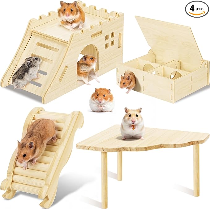 BreezeHug 4 Pcs Hamster Platform Hideout Wooden Tunnel Ladder Playhouse Hamster Game Climbing Toy with Platform Cage Accessories for Pets Dwarf Syrian Mice Degus Gerbils Squirrel(Castle)