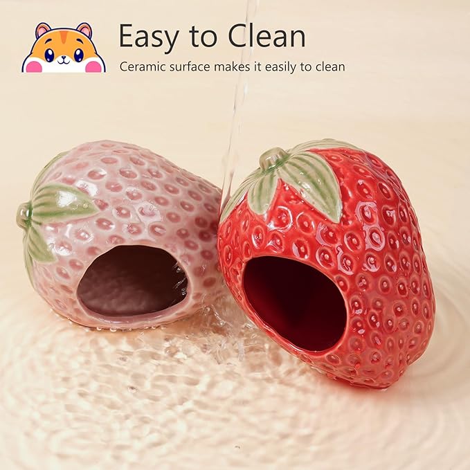 Ceramic Hamster Hideout,Strawberry Dwarf Hamster House,Guinea Pig Habitat Decor, Hideaway House for Gerbil, Cool Bed for All Season(Pink)